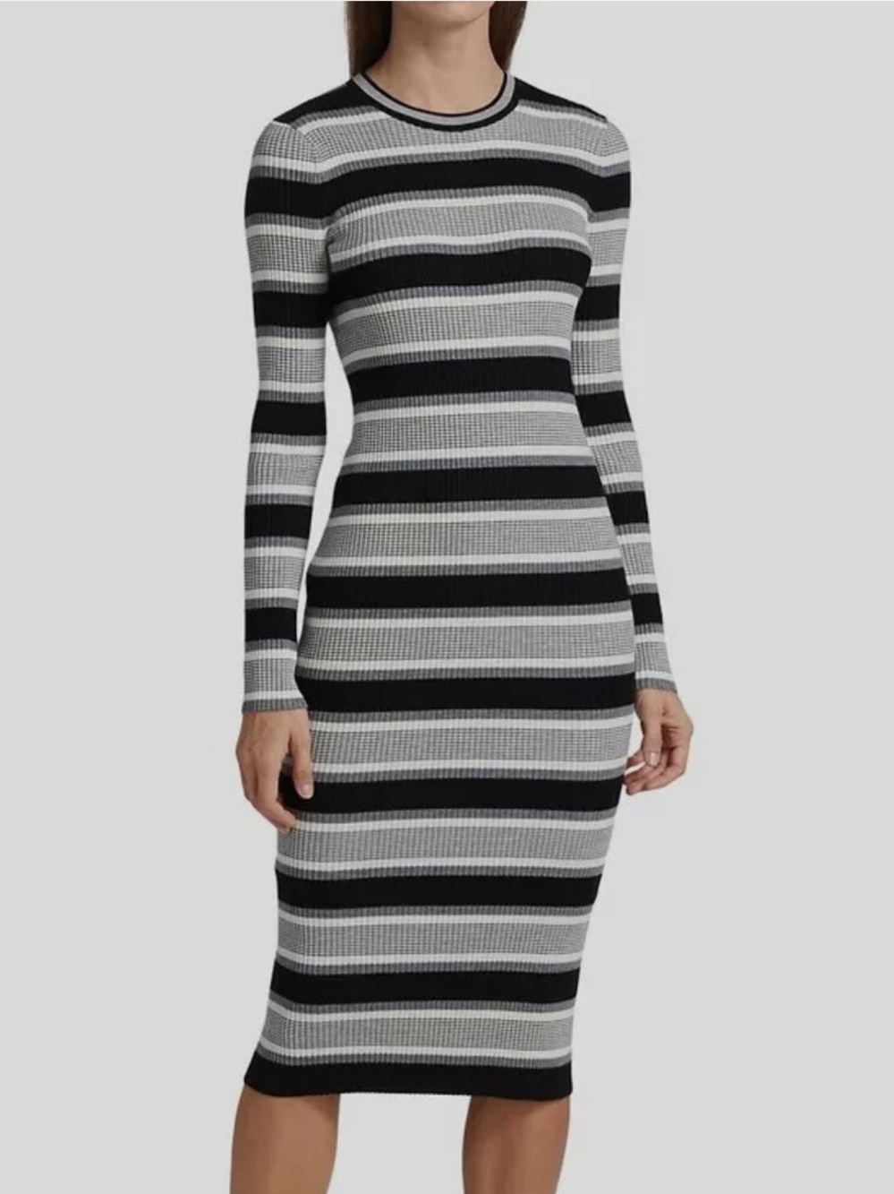 Theory Empire Black & Gray Striped Long‑Sleeve Ribbed Midi Dress